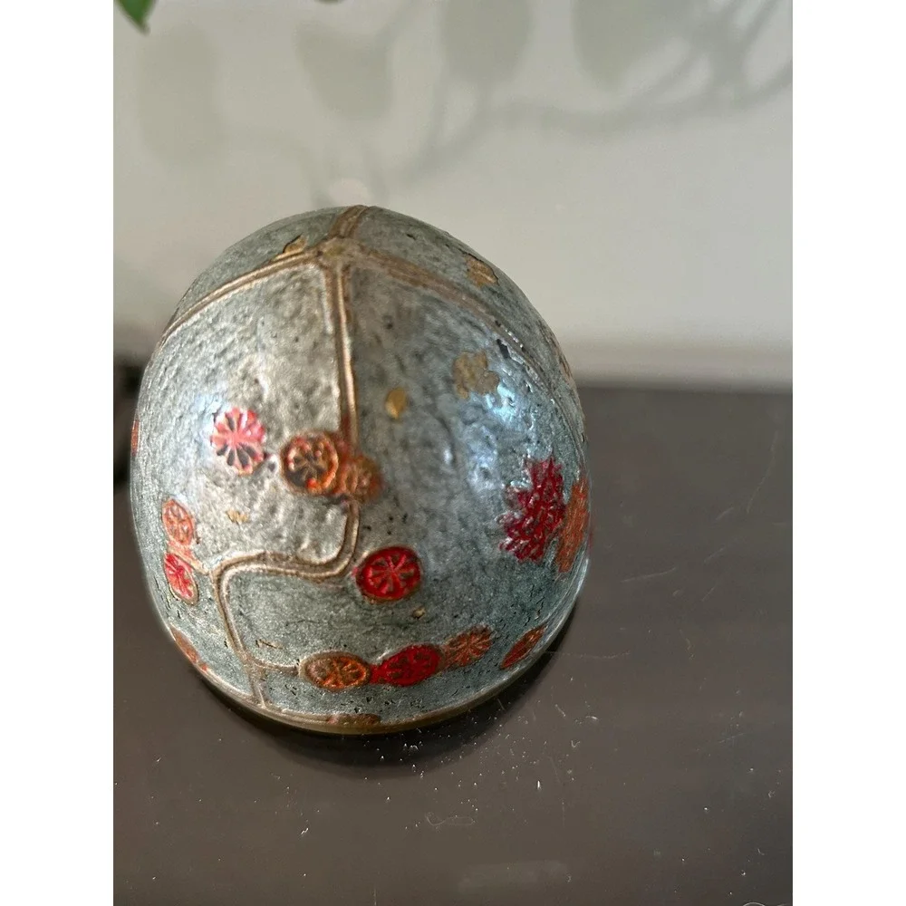 Floral Cloisonne Egg Trinket Box with Brass Stand
